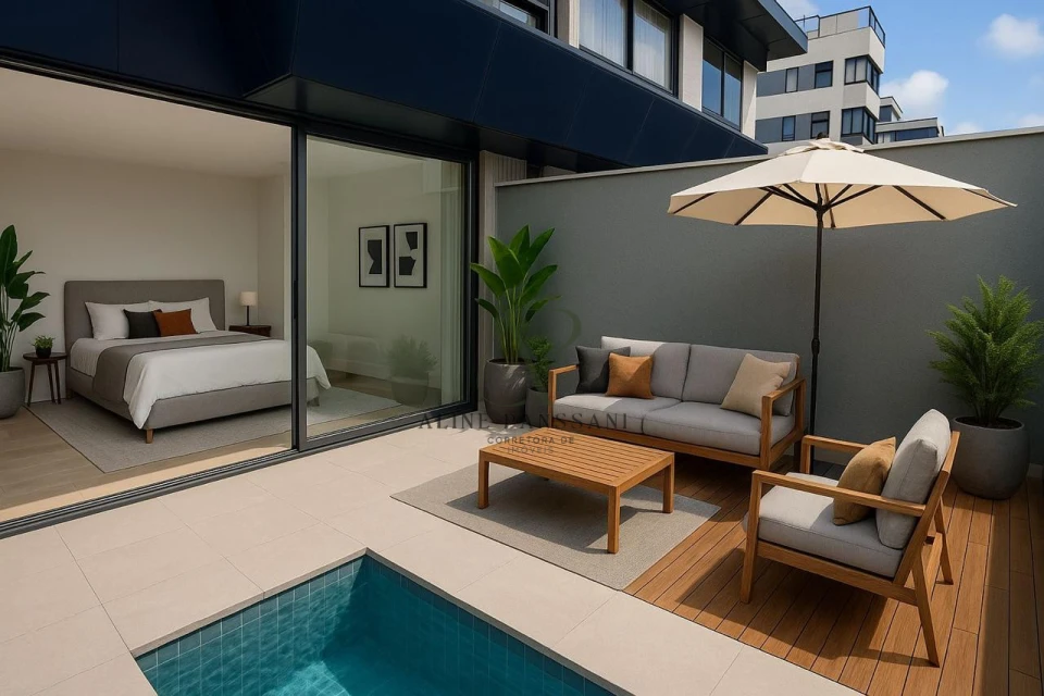 Imagens do imóveis FLAT DE LUXO TÉRREO À VENDA, 55m², COM OU SEM MOBÍLIA, PÉ NA AREIA, VISTA MAR, JARDIM OCEANIA