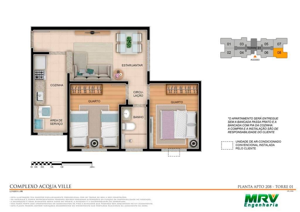 Apartamento à venda, Cond. Lagoa Bonita, 45m2 Uteis, 2 Dorm, Sol Manhã, 1 vaga de Garagem, Bairro:Acquaville, Londrina, PR