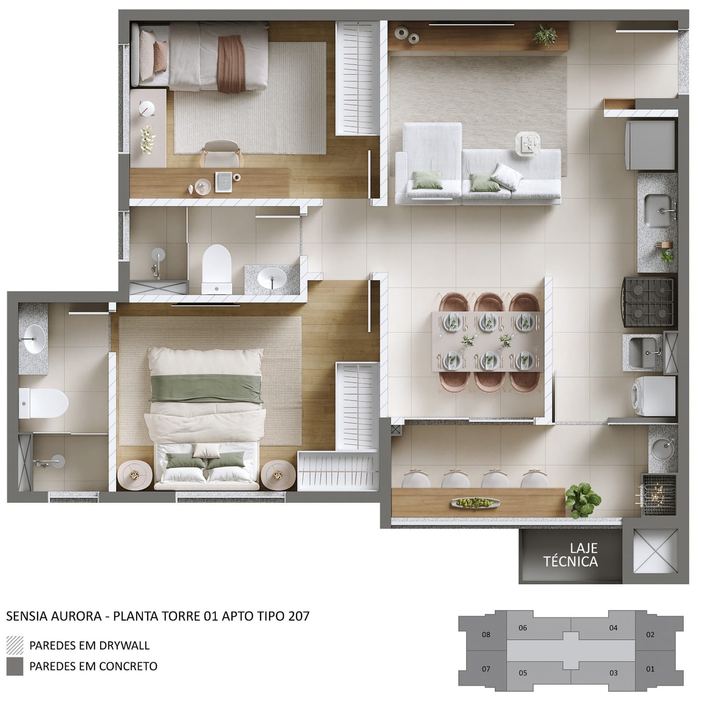 Apartamento na planta  à venda, Edifício Sensia Aurora,  50m² úteis, 02 quartos (1 suíte)  com sacada  - Aurora, Londrina, PR