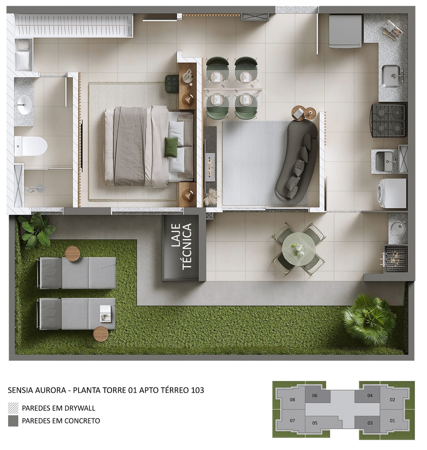 Apartamento na planta  à venda, Edifício Sensia Aurora,  50m² úteis, 02 quartos (1 suíte)  com sacada  - Aurora, Londrina, PR