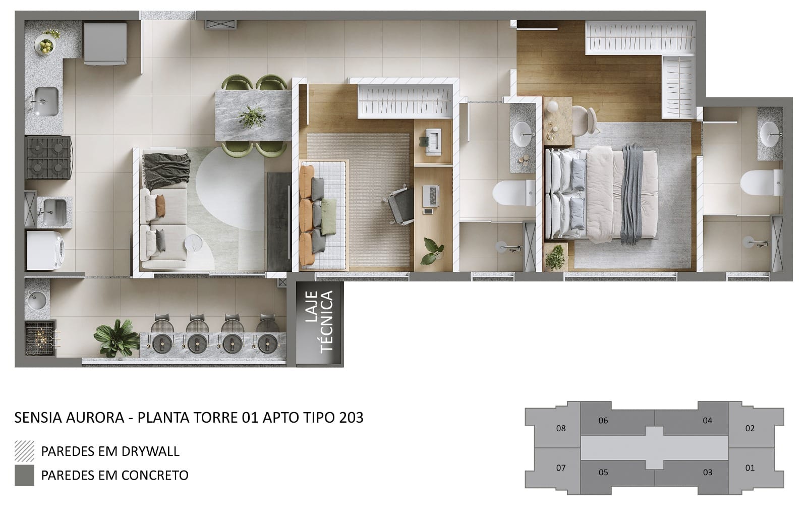 Apartamento na planta  à venda, Edifício Sensia Aurora,  50m² úteis, 02 quartos (1 suíte)  com sacada  - Aurora, Londrina, PR