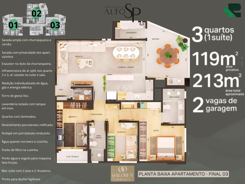 Apartamento ALTO SP | 119 m2 | 3Q sendo 1 Suite | Av. SP esq. rua Mar. Floriano Peixoto | 2 vagas | Zona 07 | Maringá | Entrega 04/2028à venda no