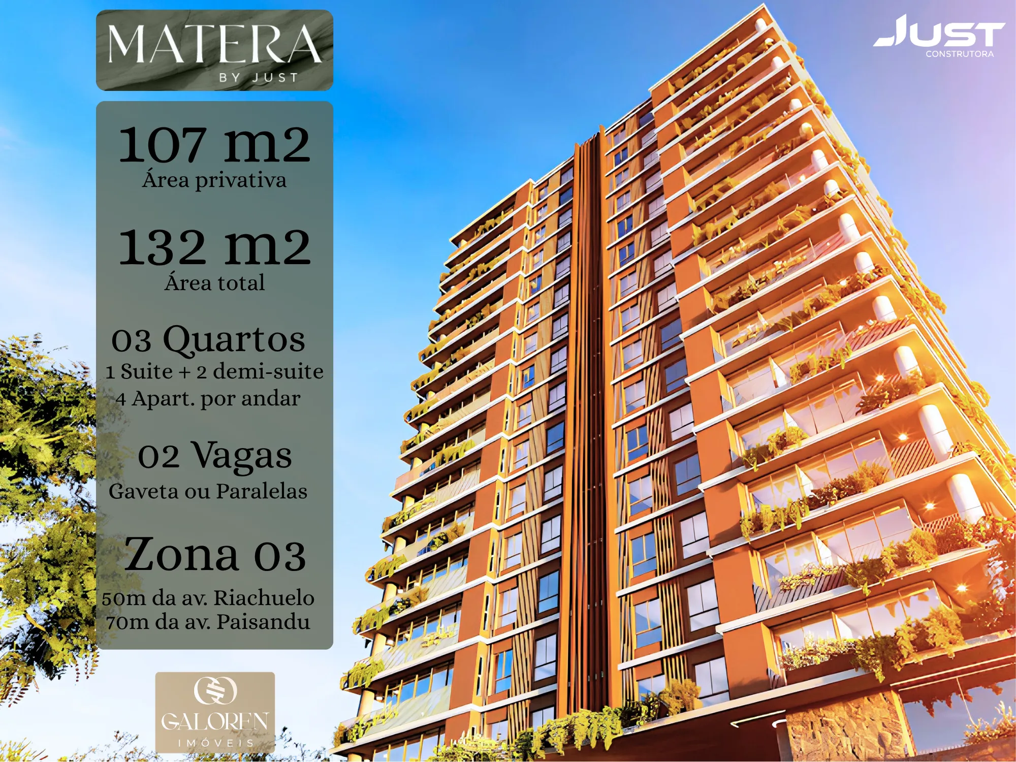 MATERA by Just | 107 m2 | 3 Dorm. sendo 01 suite | 2 Vagas | Zona 03 | Entrega Maio 2028
