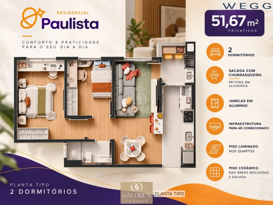 Imagens do imóveis Apartamento 2Q | 52 m2 | MCMV |  Entrada em 48x | Pronto em Junho/2028 | Jd Paulista - Maringá - PR