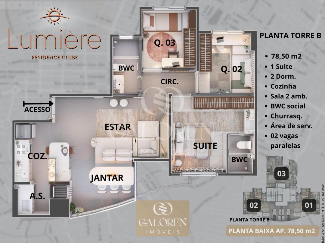 Lumiere Residence Club | 3Q sendo 1 suite | 78,50 m2 privativo Zona 03