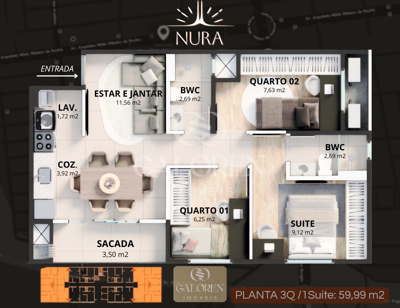 Nura 3Q c/ 1 suite / 60 m2: lazer completo | A 100 m da Av. Carlos Borges.