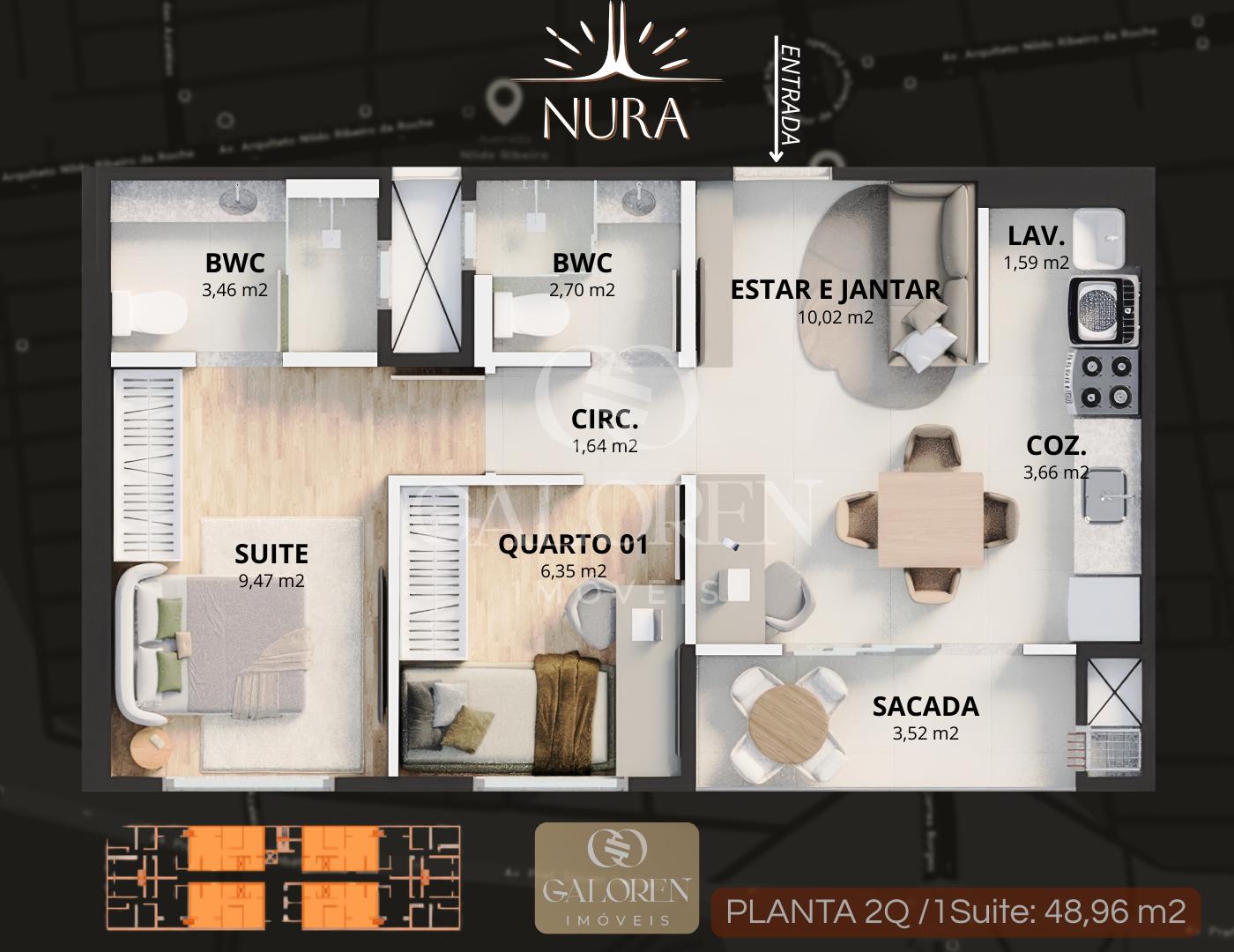 Nura 2Q c/ 1 suite / 49 m2: lazer completo | A 100 m da Av. Carlos Borges.