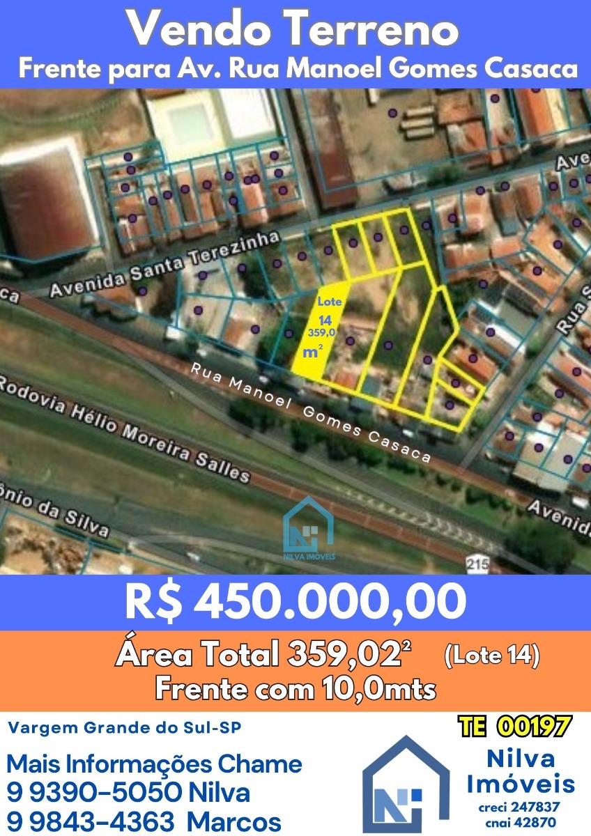 Imagens do imóveis Terreno (Em rua) à Venda, 359m² - Bairro Vila Santa Terezinha em Vargem Grande do Sul