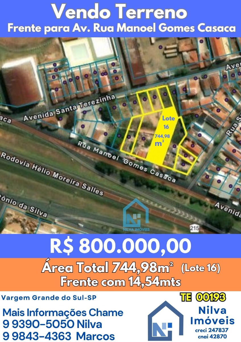 Imagens do imóveis Terreno (Em rua) à Venda, 744m² - Bairro Vila Santa Terezinha em Vargem Grande do Sul