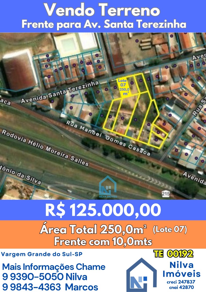 Imagens do imóveis Terreno (Em rua) à Venda, 250m² - Bairro Vila Santa Terezinha em Vargem Grande do Sul