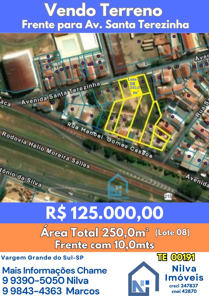 Imagens do imóveis Terreno (Em rua) à Venda, 250m² - Bairro Vila Santa Terezinha em Vargem Grande do Sul