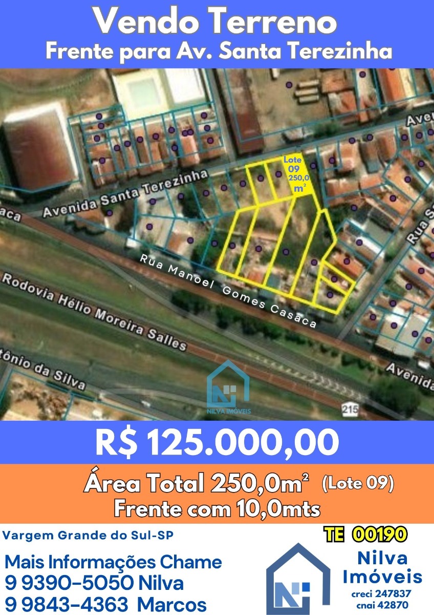 Imagens do imóveis Terreno (Em rua) à Venda, 250m² - Bairro Vila Santa Terezinha em Vargem Grande do Sul