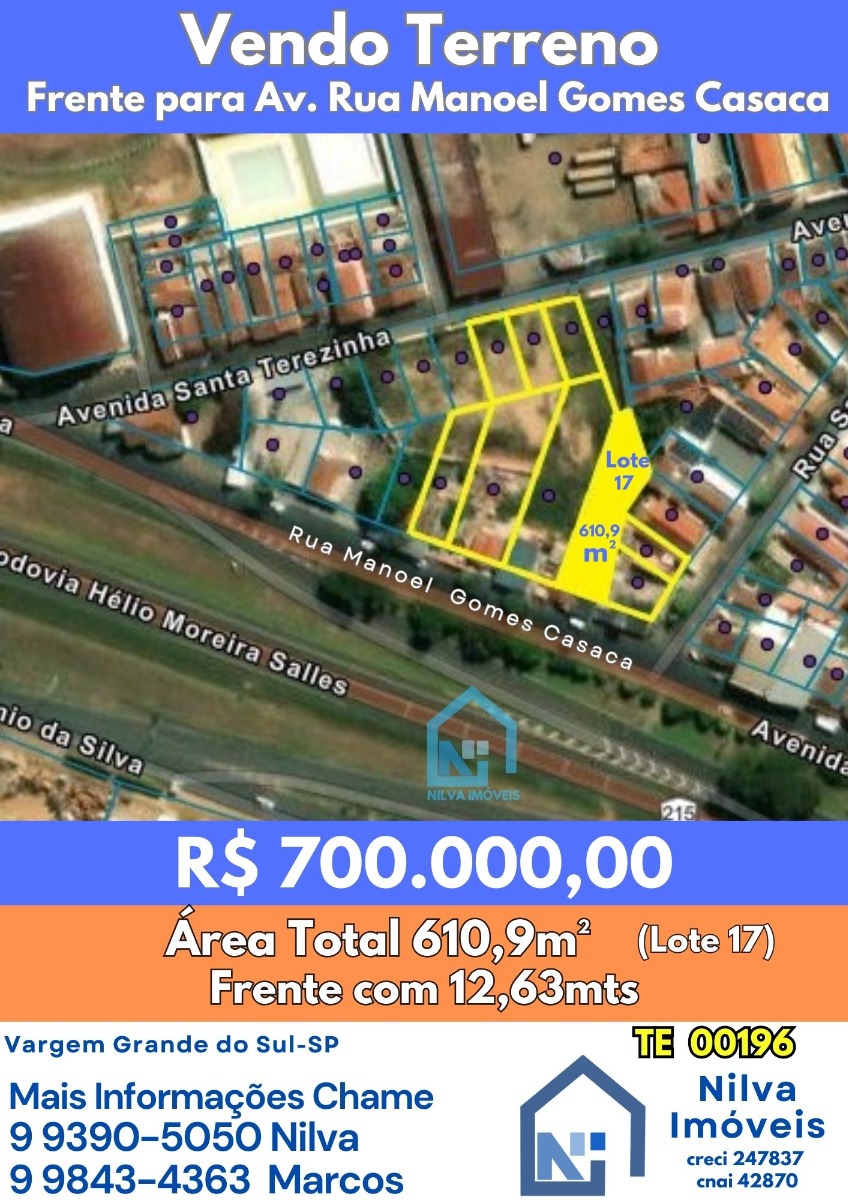 Imagens do imóveis Terreno (Em rua) à Venda, 610m² - Bairro Vila Santa Terezinha em Vargem Grande do Sul