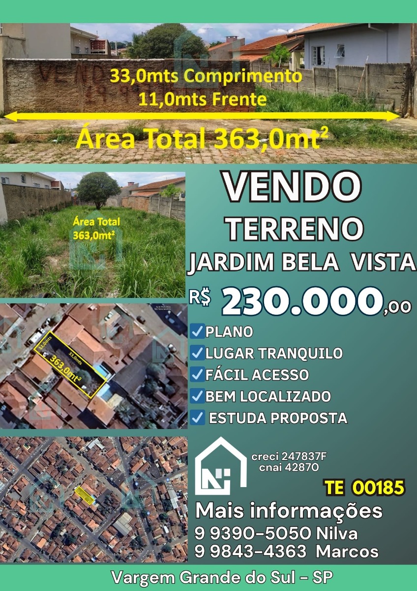 Imagens do imóveis Terreno (Em rua) à Venda, 363m² - Bairro Jardim Bela Vista em Vargem Grande do Sul