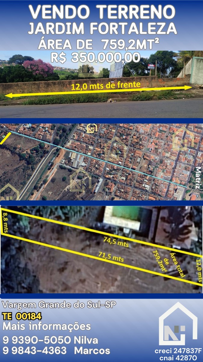 Imagens do imóveis Terreno (Em rua) à Venda, 759m² - Bairro Jardim Fortaleza em Vargem Grande do Sul